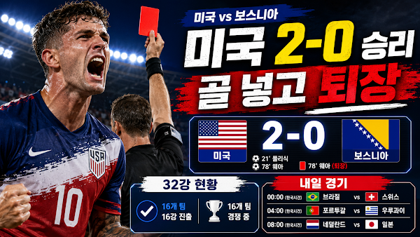 미국 월드컵 16강 진출, 발로건 골 넣고 퇴장…32강 결과·7월 3일 경기 일정